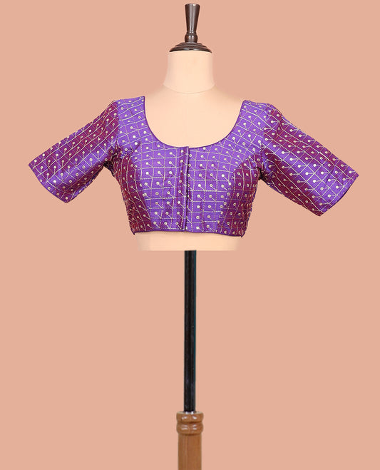 Violet Readymade Blouse Featuring Embroidery, a Front Round-Neck, Back Round-Neck, and Elbow Sleeves
