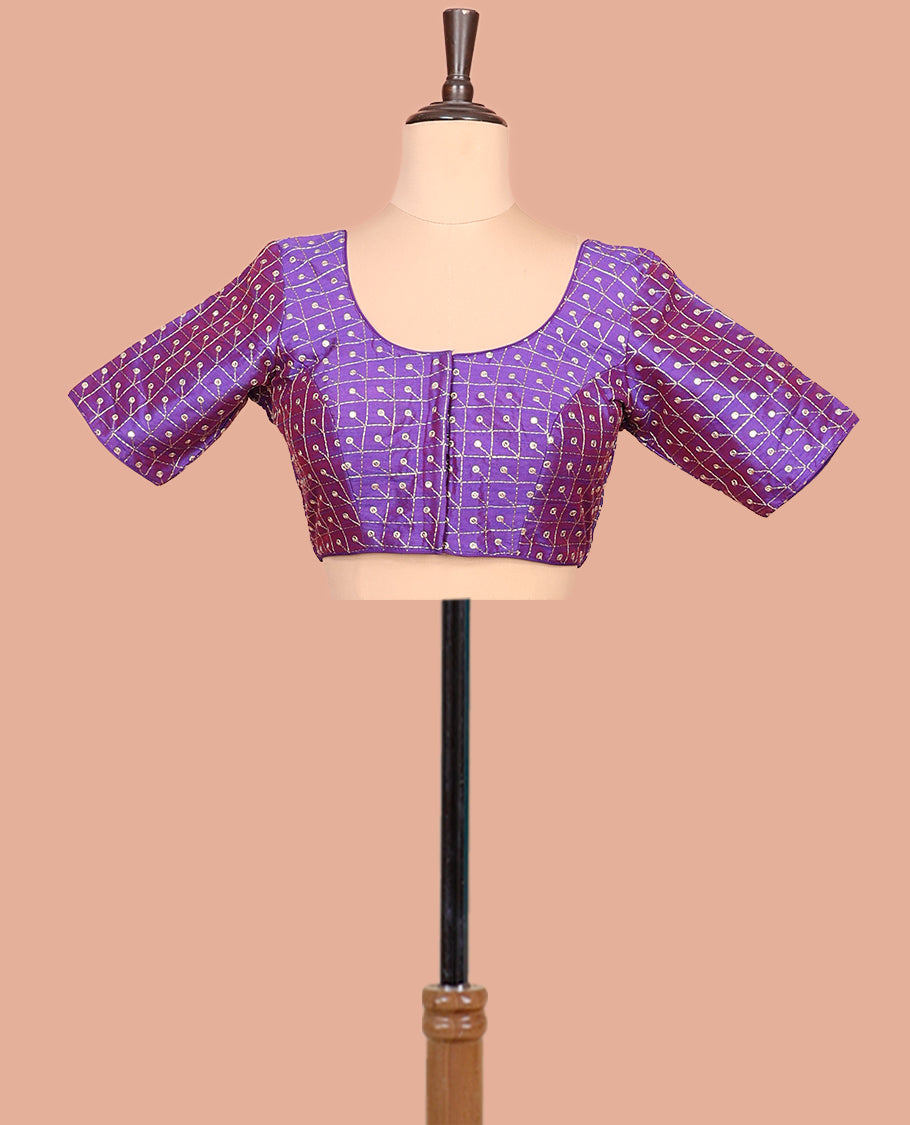 Violet Readymade Blouse Featuring Embroidery, a Front Round-Neck, Back Round-Neck, and Elbow Sleeves