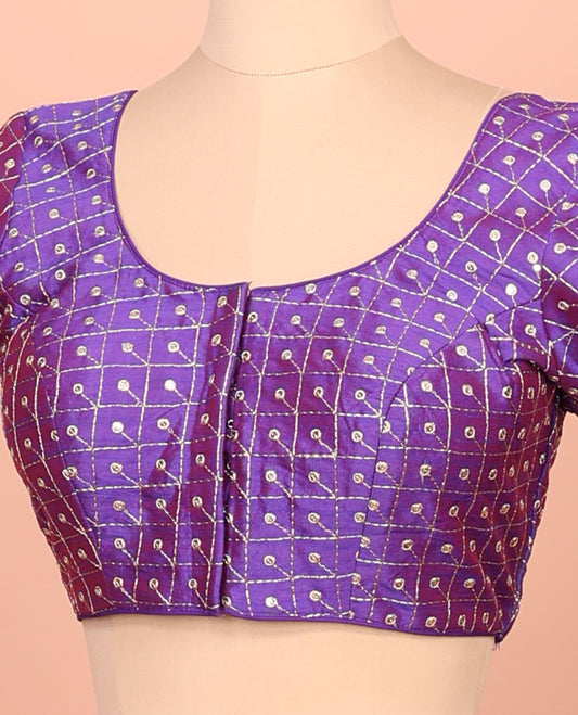 Violet Readymade Blouse Featuring Embroidery, a Front Round-Neck, Back Round-Neck, and Elbow Sleeves