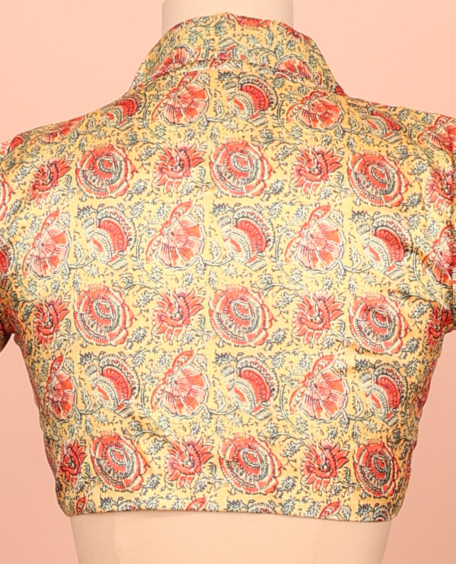 Yellow Readymade Blouse, Adorned with a Floral Vine Print, Featuring a Front Shawl-Neck, Back Shawl-Neck, and Elbow Sleeves