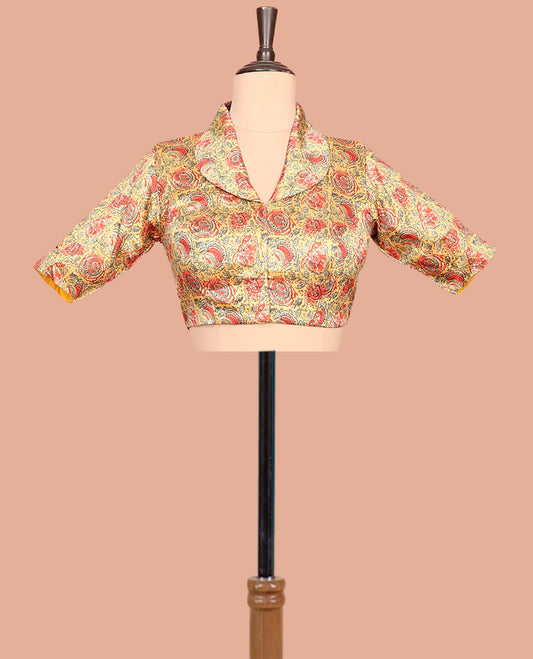 Yellow Readymade Blouse, Adorned with a Floral Vine Print, Featuring a Front Shawl-Neck, Back Shawl-Neck, and Elbow Sleeves