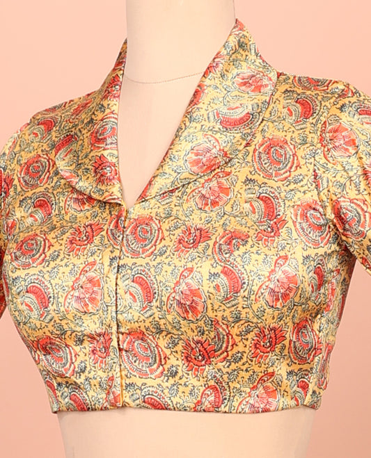 Yellow Readymade Blouse, Adorned with a Floral Vine Print, Featuring a Front Shawl-Neck, Back Shawl-Neck, and Elbow Sleeves