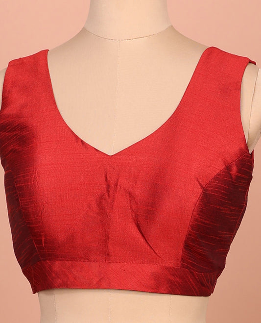 Red plain front-back V-neck sleeveless readymade blouse