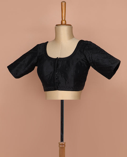 Black thread embroidered round neck elbow sleeve raw silk readymade blouse