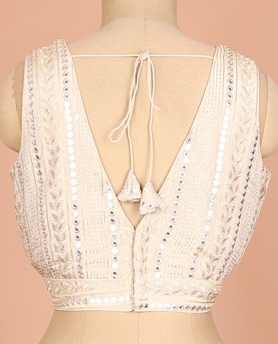 Light sandal floral & geometric motifs thread embroidered sleeveless readymade blouse with front and back deep-V neck