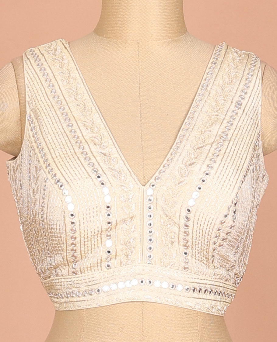 Light sandal floral & geometric motifs thread embroidered sleeveless readymade blouse with front and back deep-V neck