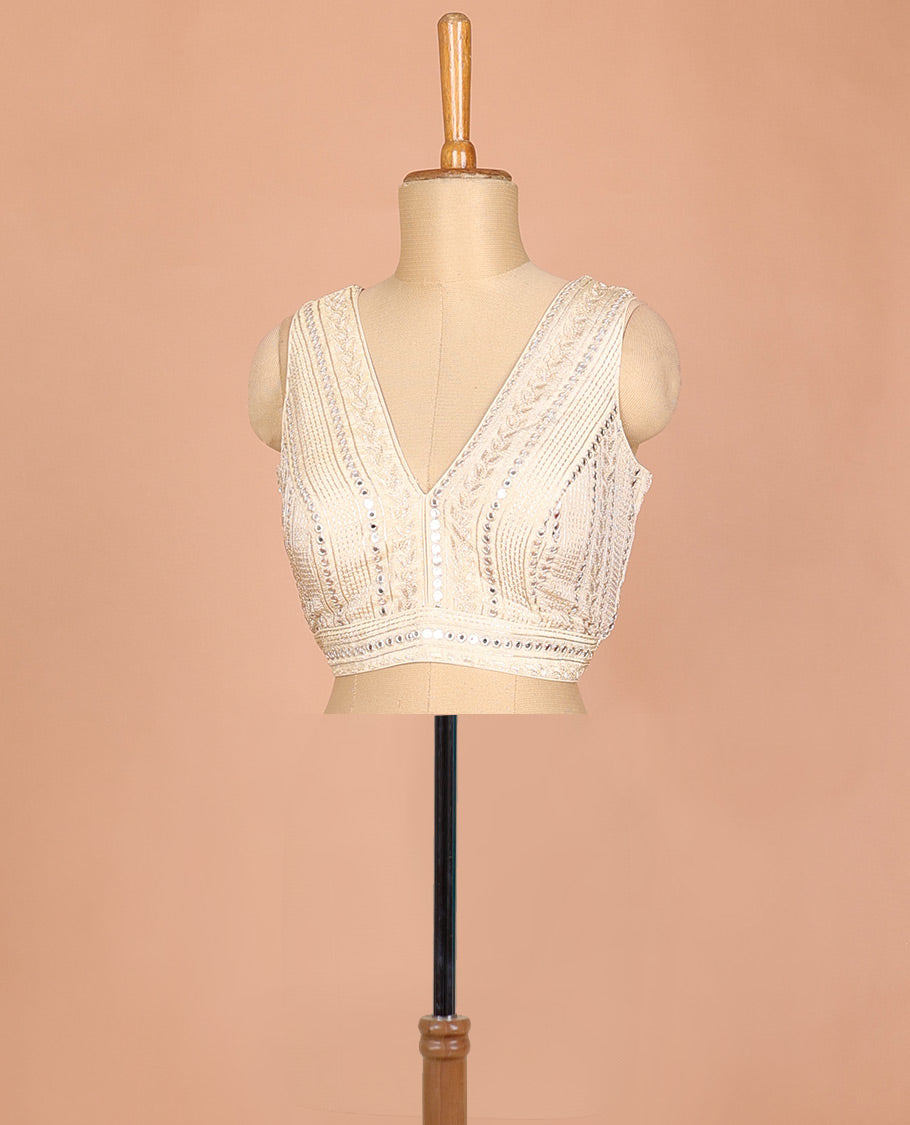 Light sandal floral & geometric motifs thread embroidered sleeveless readymade blouse with front and back deep-V neck