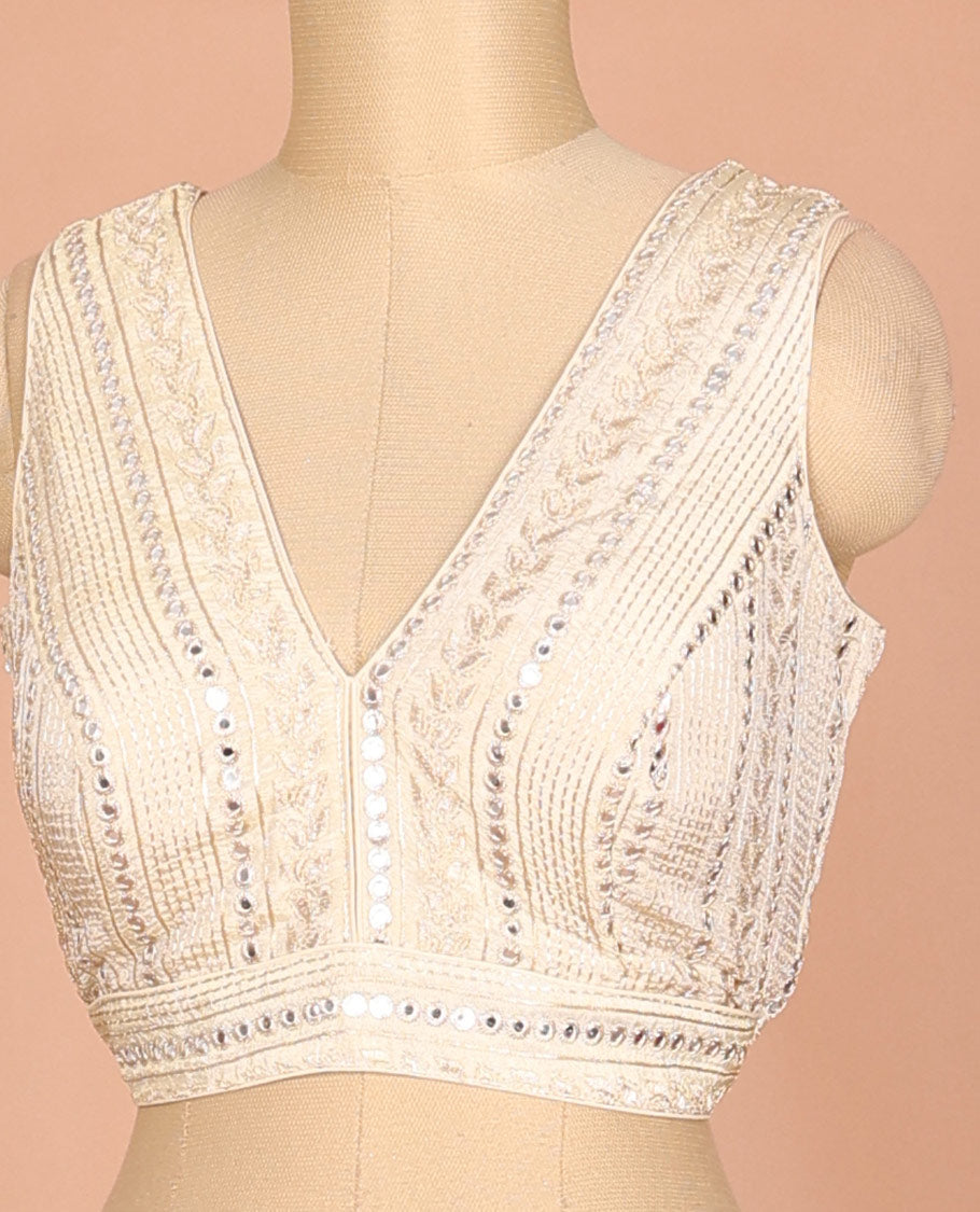 Light sandal floral & geometric motifs thread embroidered sleeveless readymade blouse with front and back deep-V neck