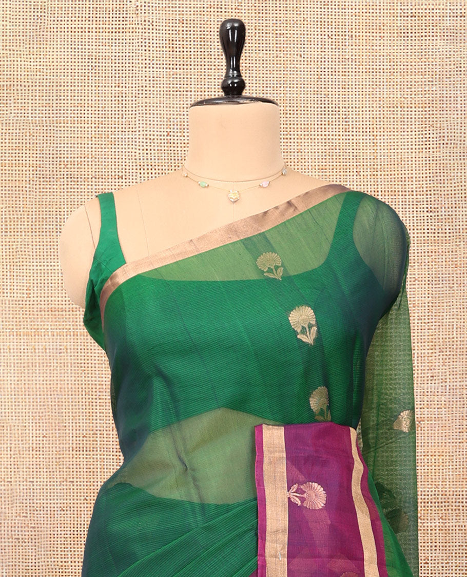 Green Silk Cotton Saree, Crafted with Floral Buttas, a Contrast Floral Motif Border, Intricate Pallu, and a Contrast Blouse