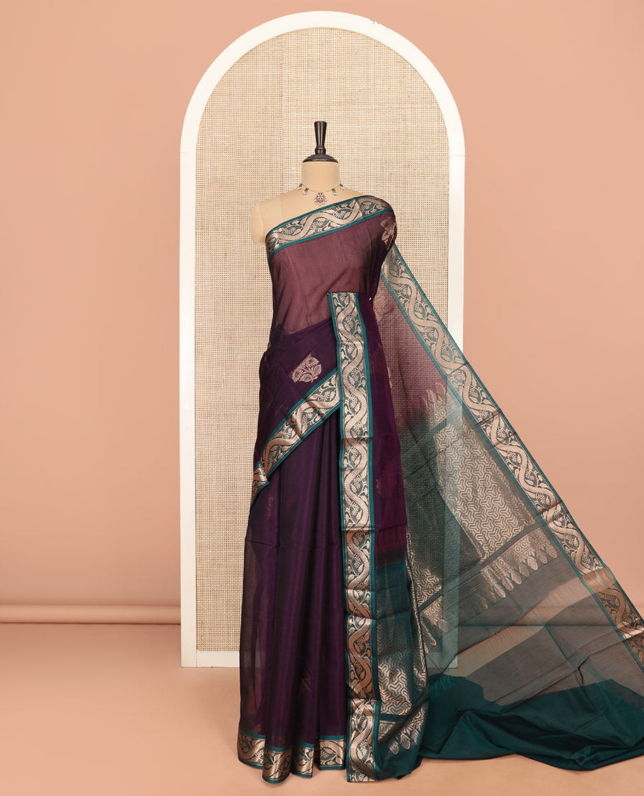 Purple Silk Cotton Saree Delicately Woven with Floral Buttas All Over the Body, Highlighted with Contrast Zari Floral Creeper Border, Pallu Elevated with Geometric Design, and Paired with a Contrast Blouse