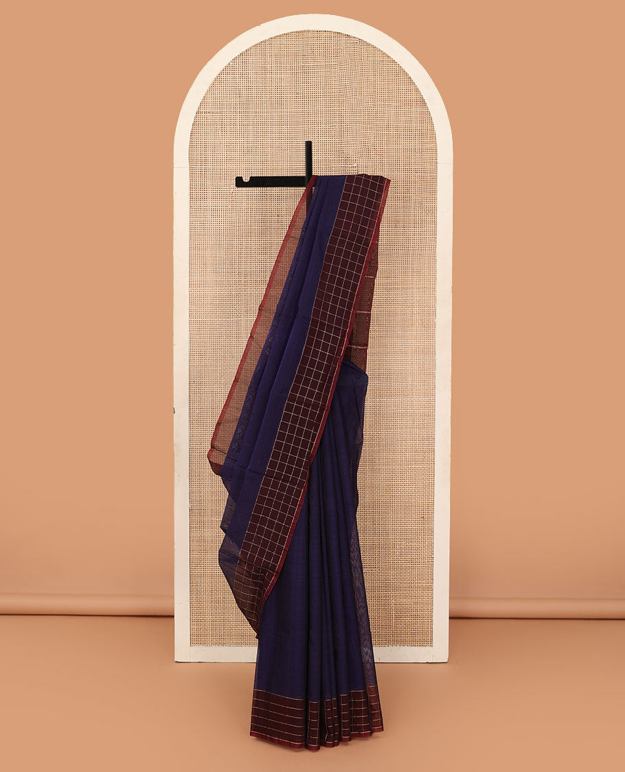 Navy blue plain silk cotton saree, contrast checked border, and striped pallu