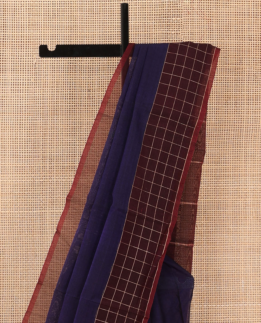 Navy blue plain silk cotton saree, contrast checked border, and striped pallu
