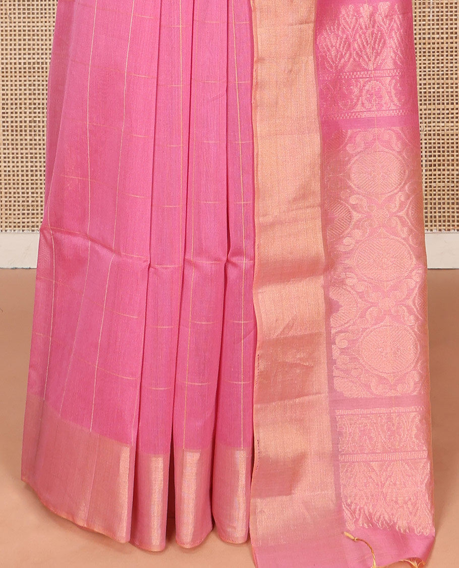 Pink Silk Cotton Saree, Accentuated with Butta Enclosed Checks, Highlighted by a Zari Border, Intricately Designed Pallu, and a Matching Blouse