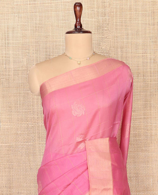 Pink Silk Cotton Saree, Accentuated with Butta Enclosed Checks, Highlighted by a Zari Border, Intricately Designed Pallu, and a Matching Blouse