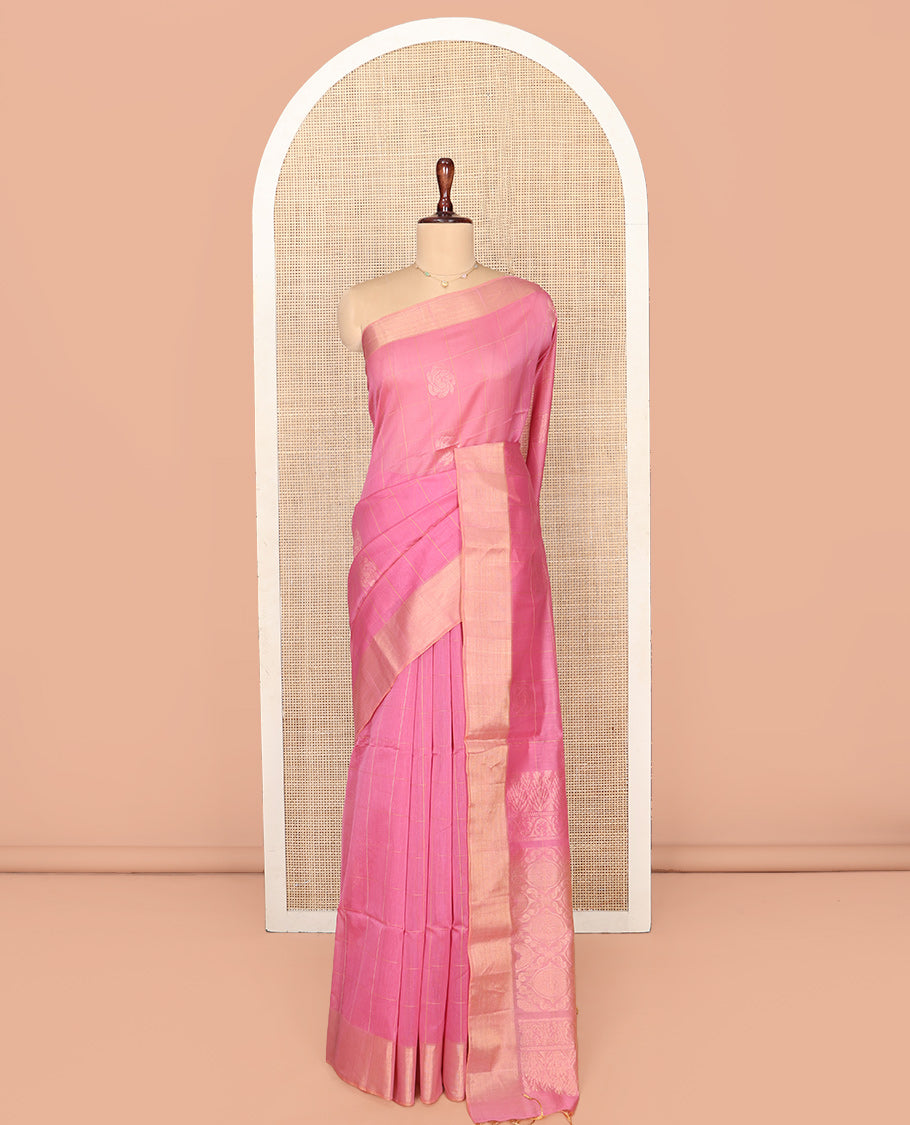 Pink Silk Cotton Saree, Accentuated with Butta Enclosed Checks, Highlighted by a Zari Border, Intricately Designed Pallu, and a Matching Blouse