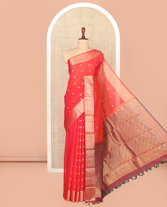 Red Silk Cotton Saree, Spotlighted by Zari Buttas On Its Body, Highlighted by Traditional Zari Border, Contrast Diagonally Woven Pallu and Paired with a Contrast Blouse