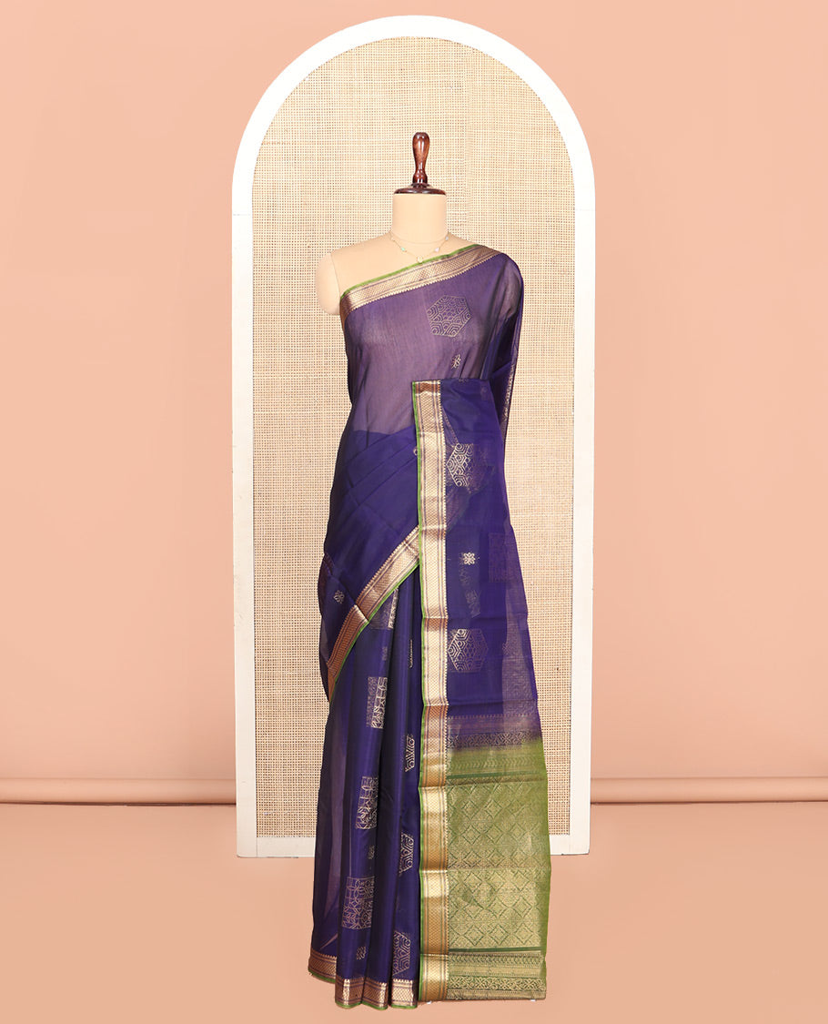 Blue Silk Cotton Saree, Entralled with Geometric Buttas All Over Its Body, Complemented by Contrast Traditional Zari Designs Woven Border, Grand Jaal Pallu and Paired with a Contrast Blouse
