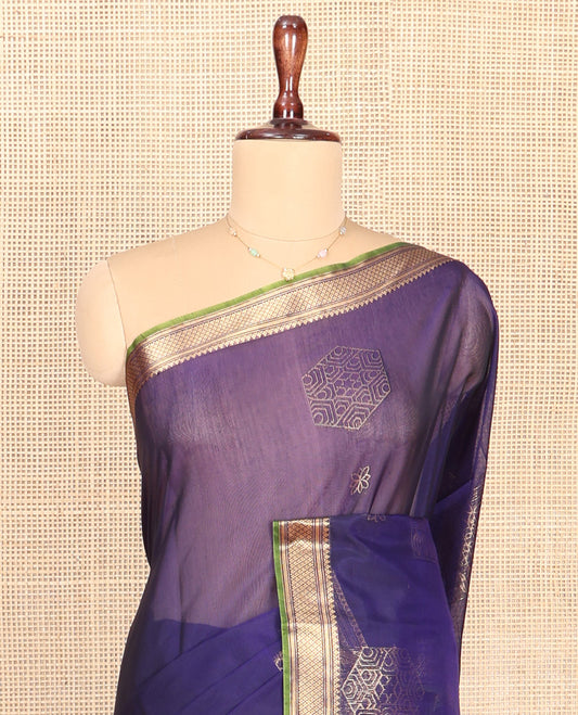 Blue Silk Cotton Saree, Entralled with Geometric Buttas All Over Its Body, Complemented by Contrast Traditional Zari Designs Woven Border, Grand Jaal Pallu and Paired with a Contrast Blouse