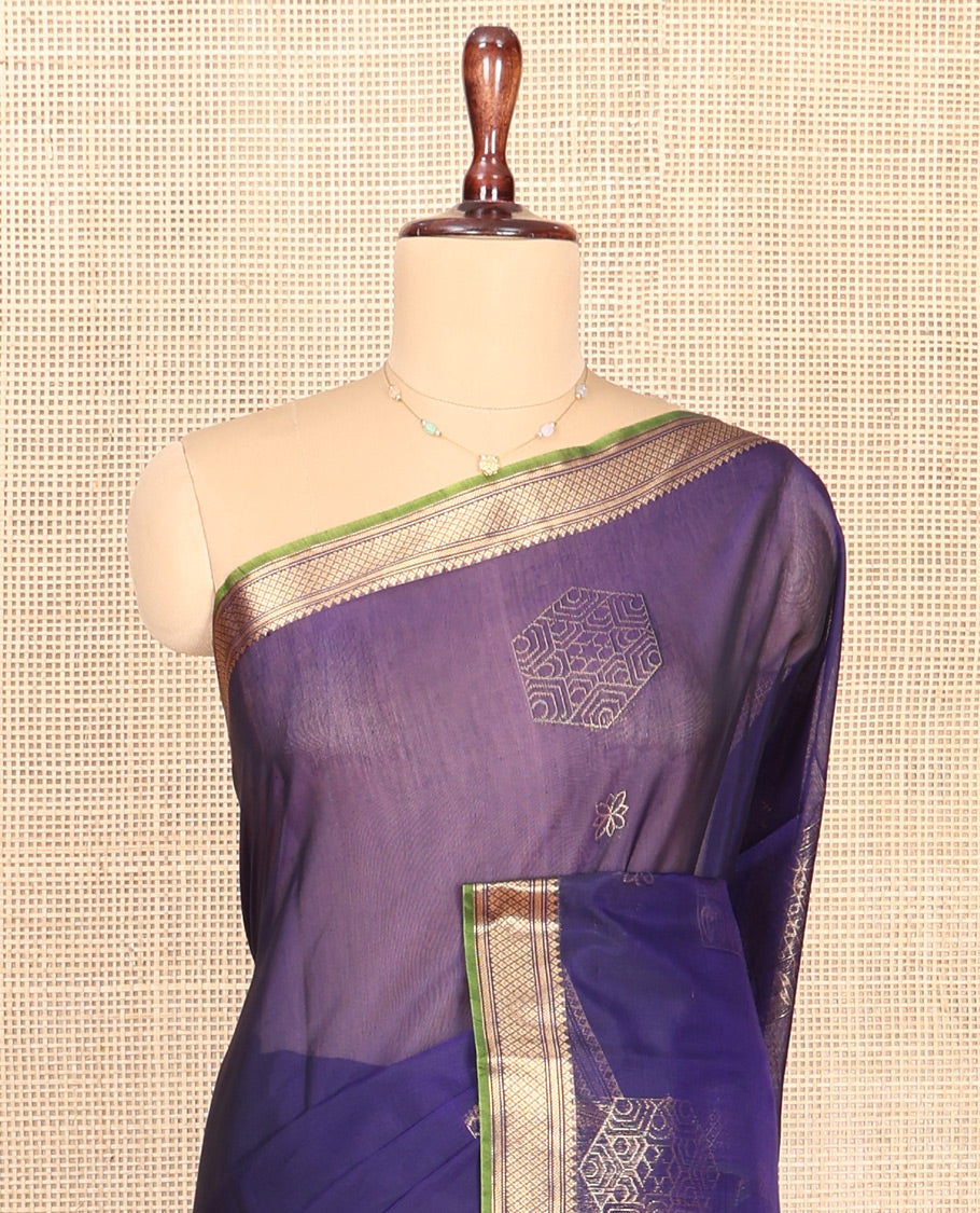 Blue Silk Cotton Saree, Entralled with Geometric Buttas All Over Its Body, Complemented by Contrast Traditional Zari Designs Woven Border, Grand Jaal Pallu and Paired with a Contrast Blouse