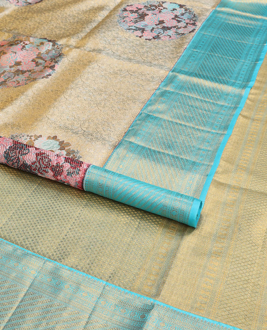 Grey meenakari floral jacquard silk saree, contrast intricate pallu & border of banaras,muthu,kamalam & poun