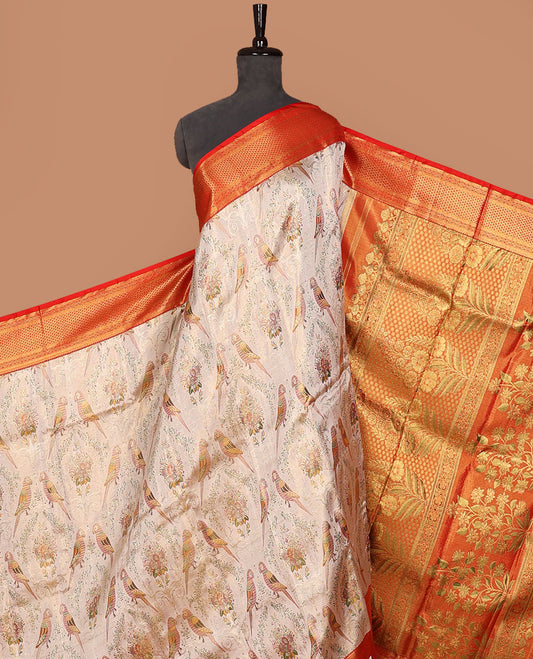 Cream-base flora-fauna Meenakari-jacquard silk saree, contrast border of thilakam,muthu,kathir,diamond & ara madaam design & meenakari floral design pallu