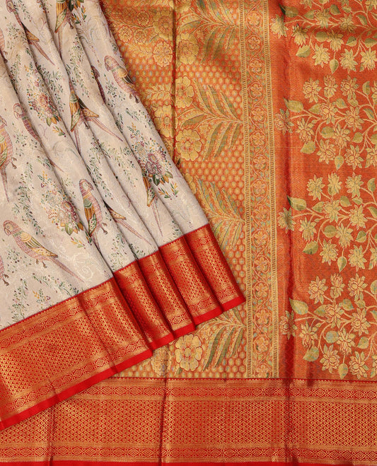 Cream-base flora-fauna Meenakari-jacquard silk saree, contrast border of thilakam,muthu,kathir,diamond & ara madaam design & meenakari floral design pallu
