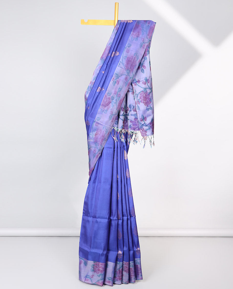 Blue floral motifs semi-soft silk saree with contrast border & floral vine design pallu