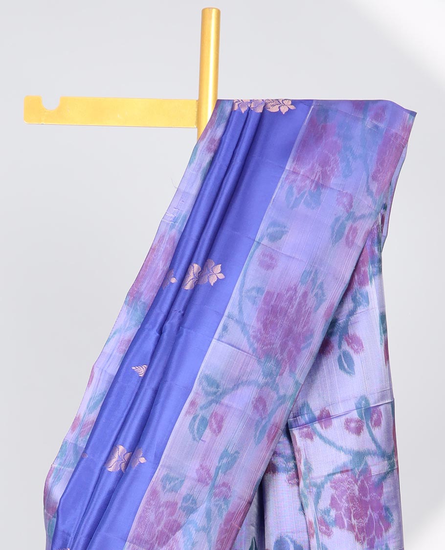 Blue floral motifs semi-soft silk saree with contrast border & floral vine design pallu