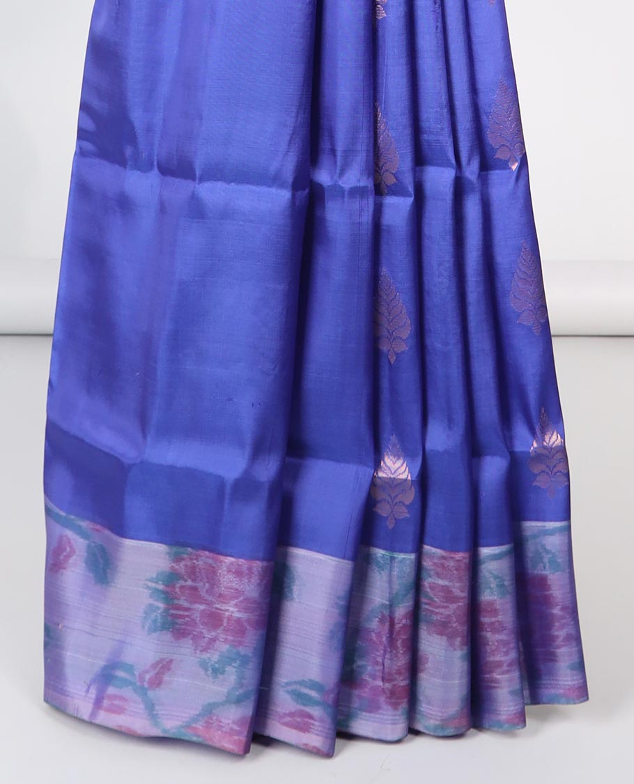 Blue floral motifs semi-soft silk saree with contrast border & floral vine design pallu