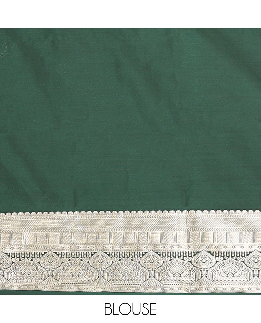 Purple geometric buttas soft silk saree, contrast traditional zari design border, and pallu of chevron designs