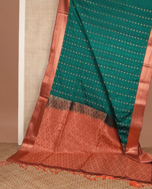 Green butta enclosed embossed checked soft silk saree, contrast traditional zari border, and jaal pallu