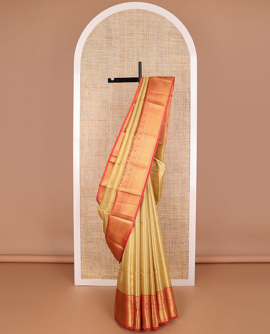 Light brown floral jacquard tissue saree with contrast zari design border & floral zari design pallu
