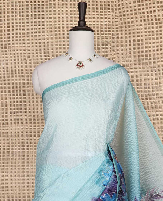 Sea blue floral design crush tissue saree with self border