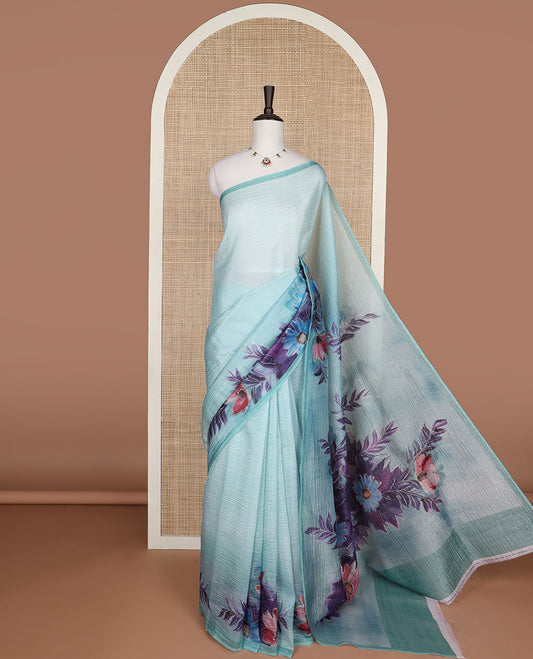 Sea blue floral design crush tissue saree with self border