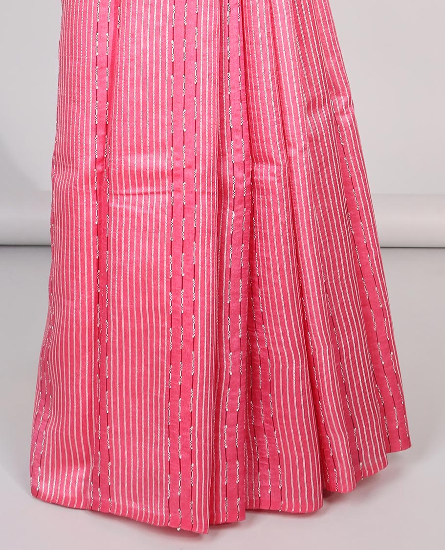 Borderless pink striped design tussar saree