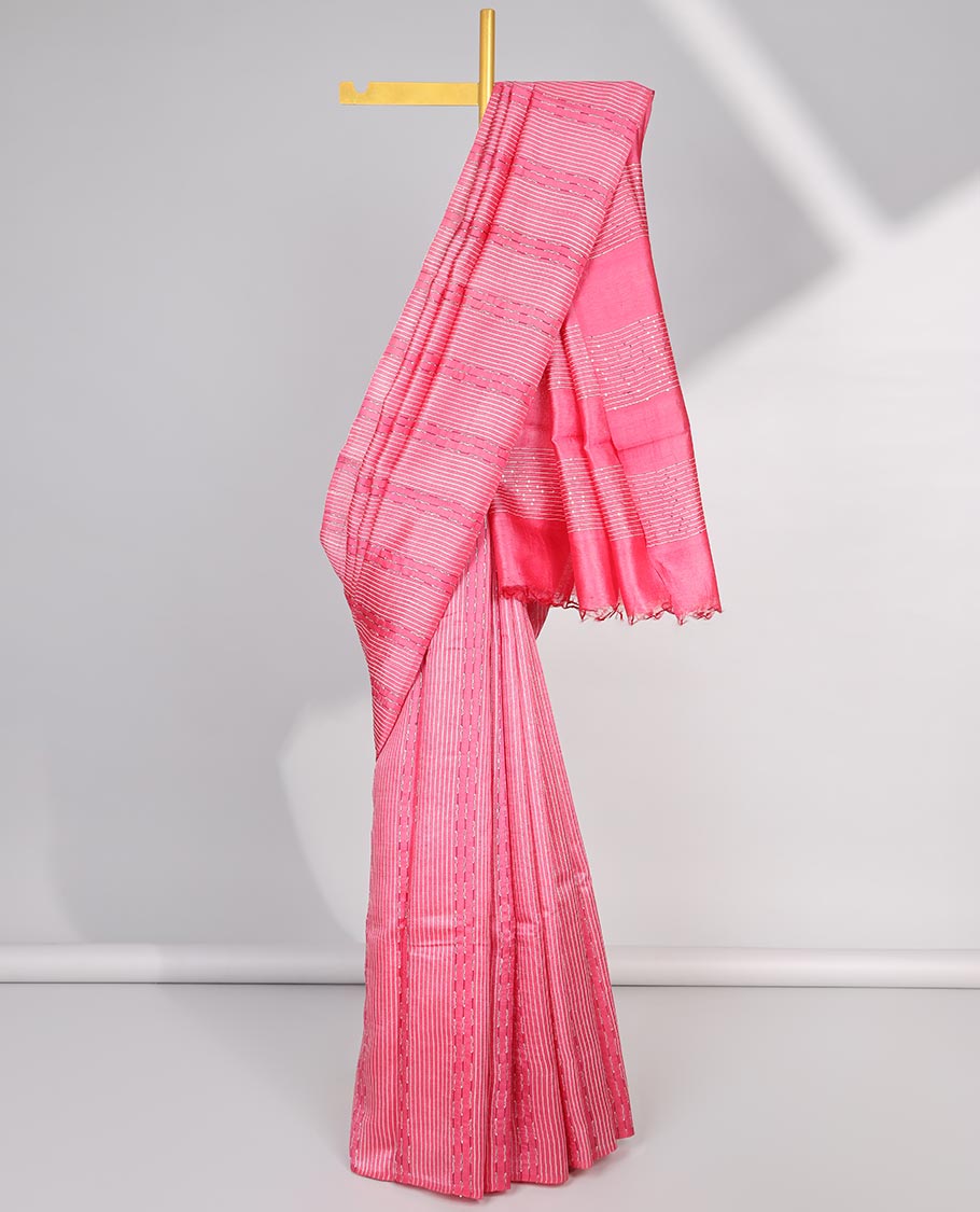 Borderless pink striped design tussar saree