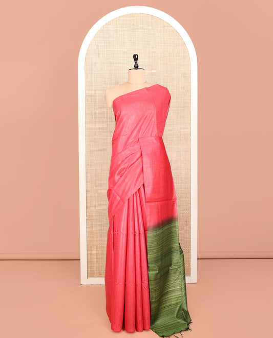 Borderless Pink Plain Tussar Silk Saree, Complemented by Contrast Heathered Pallu, and a Contrast Blouse