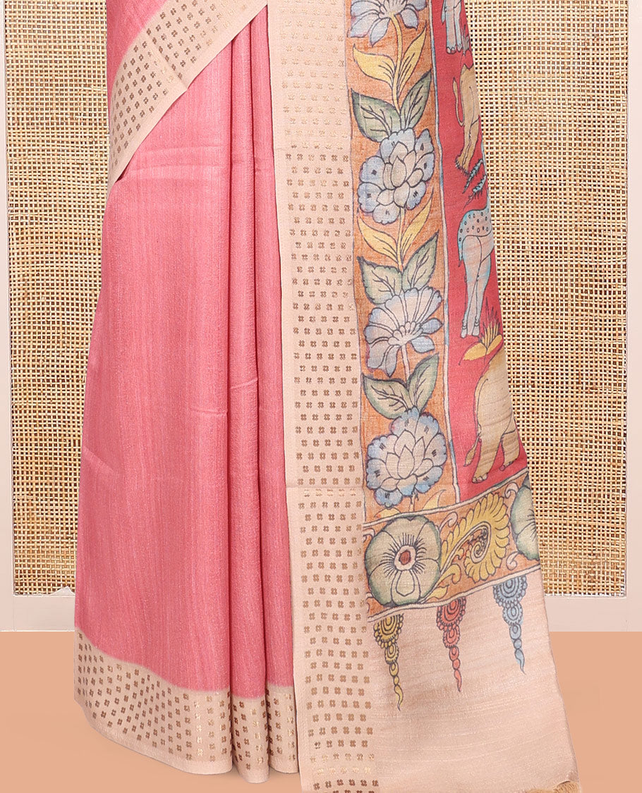 Pink Plain Fancy Tussar Silk Saree, Contrast Triangle Motif Border, Pallu of Kalamkari Animal Motifs, and Contrast Kalamkari Printed Blouse