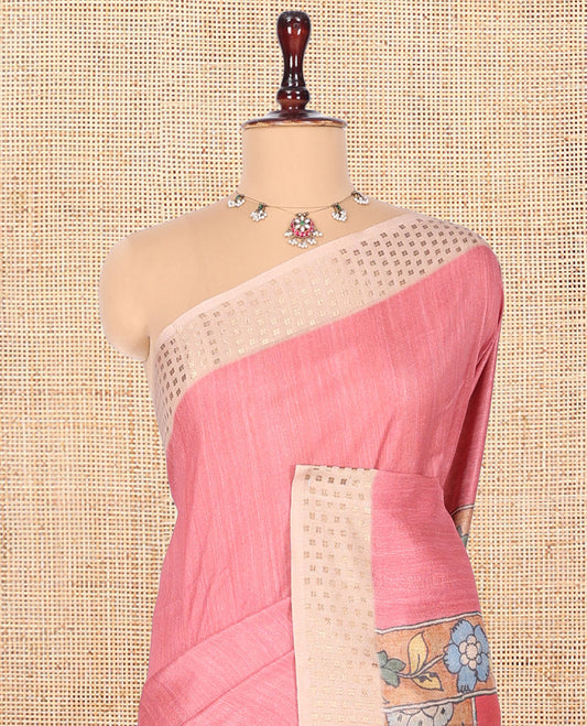 Pink Plain Fancy Tussar Silk Saree, Contrast Triangle Motif Border, Pallu of Kalamkari Animal Motifs, and Contrast Kalamkari Printed Blouse