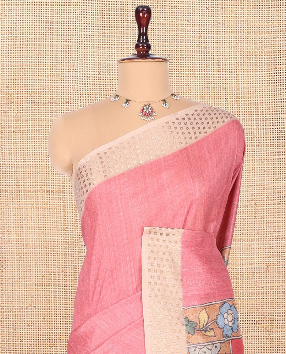 Pink Plain Fancy Tussar Silk Saree, Contrast Triangle Motif Border, Pallu of Kalamkari Animal Motifs, and Contrast Kalamkari Printed Blouse