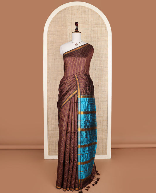 Bear Brown checked tussar silk saree, zari border and contrast striped pallu