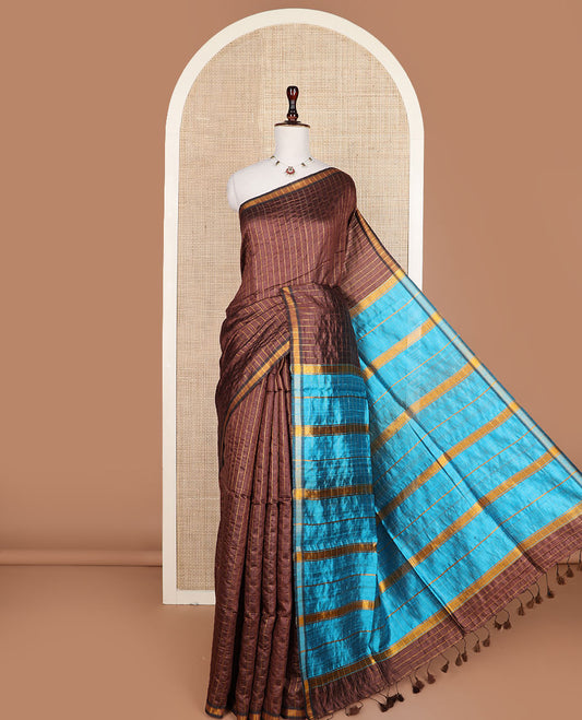 Bear Brown checked tussar silk saree, zari border and contrast striped pallu