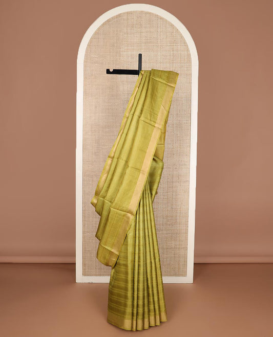 Green horizontal striped tussar silk saree, zari border and horizontal striped pallu