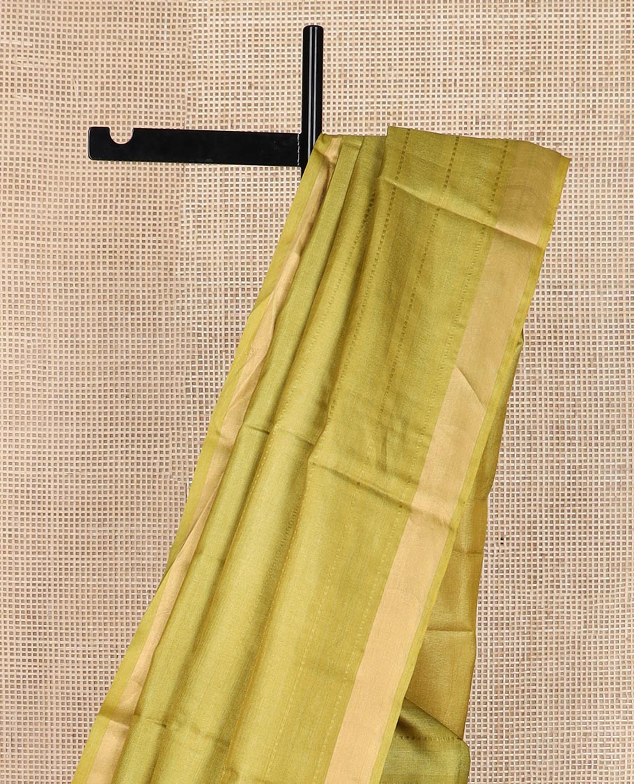 Green horizontal striped tussar silk saree, zari border and horizontal striped pallu