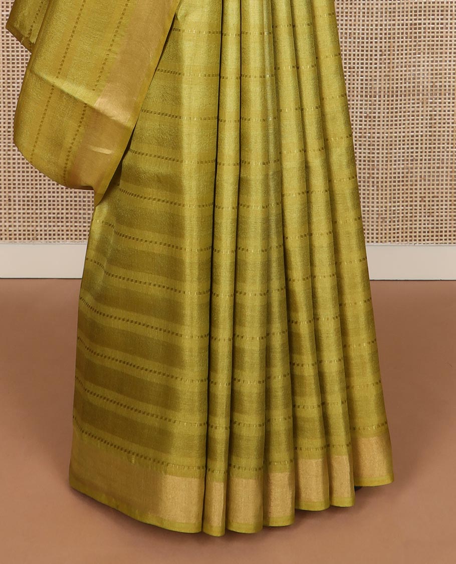 Green horizontal striped tussar silk saree, zari border and horizontal striped pallu