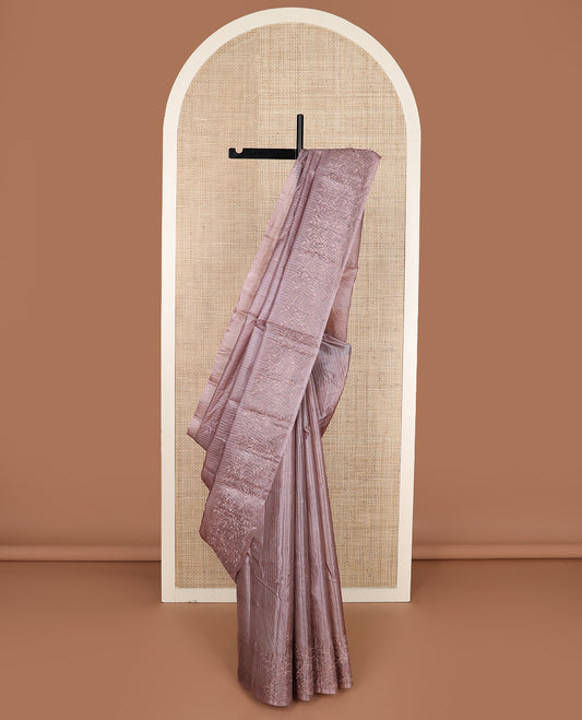 Borderless Onion pink striped, and floral embroidered tussar saree with a floral vine thread embroidered border