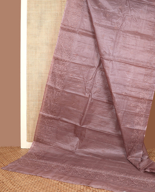 Borderless Onion pink striped, and floral embroidered tussar saree with a floral vine thread embroidered border