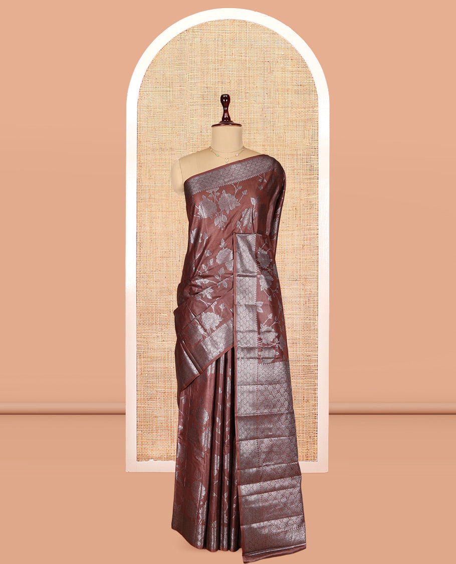 Brown Tusser Silk Saree Features Floral Vine Design, a Zari Border, Grand Pallu, and a Matching Blouse