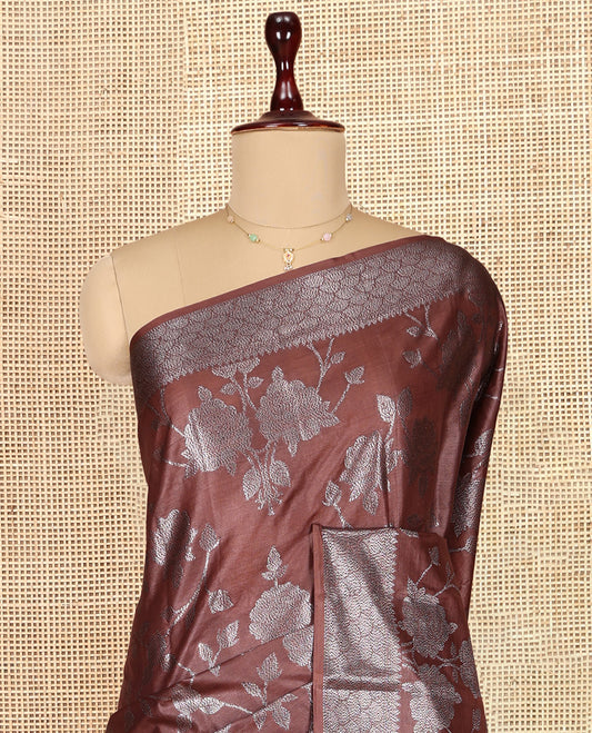 Brown Tusser Silk Saree Features Floral Vine Design, a Zari Border, Grand Pallu, and a Matching Blouse