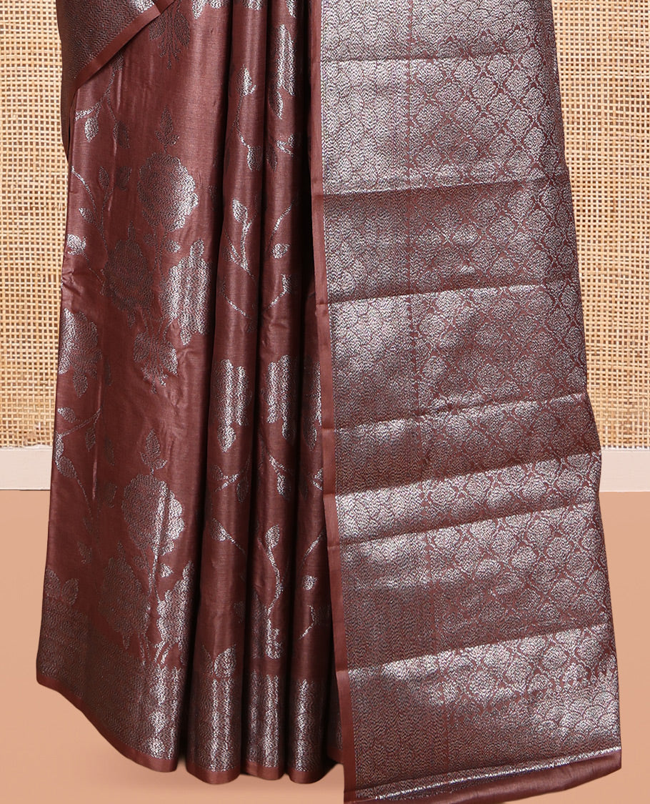 Brown Tusser Silk Saree Features Floral Vine Design, a Zari Border, Grand Pallu, and a Matching Blouse